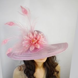Pink Feather Peacock Flower Wide Brim Derby Hat
